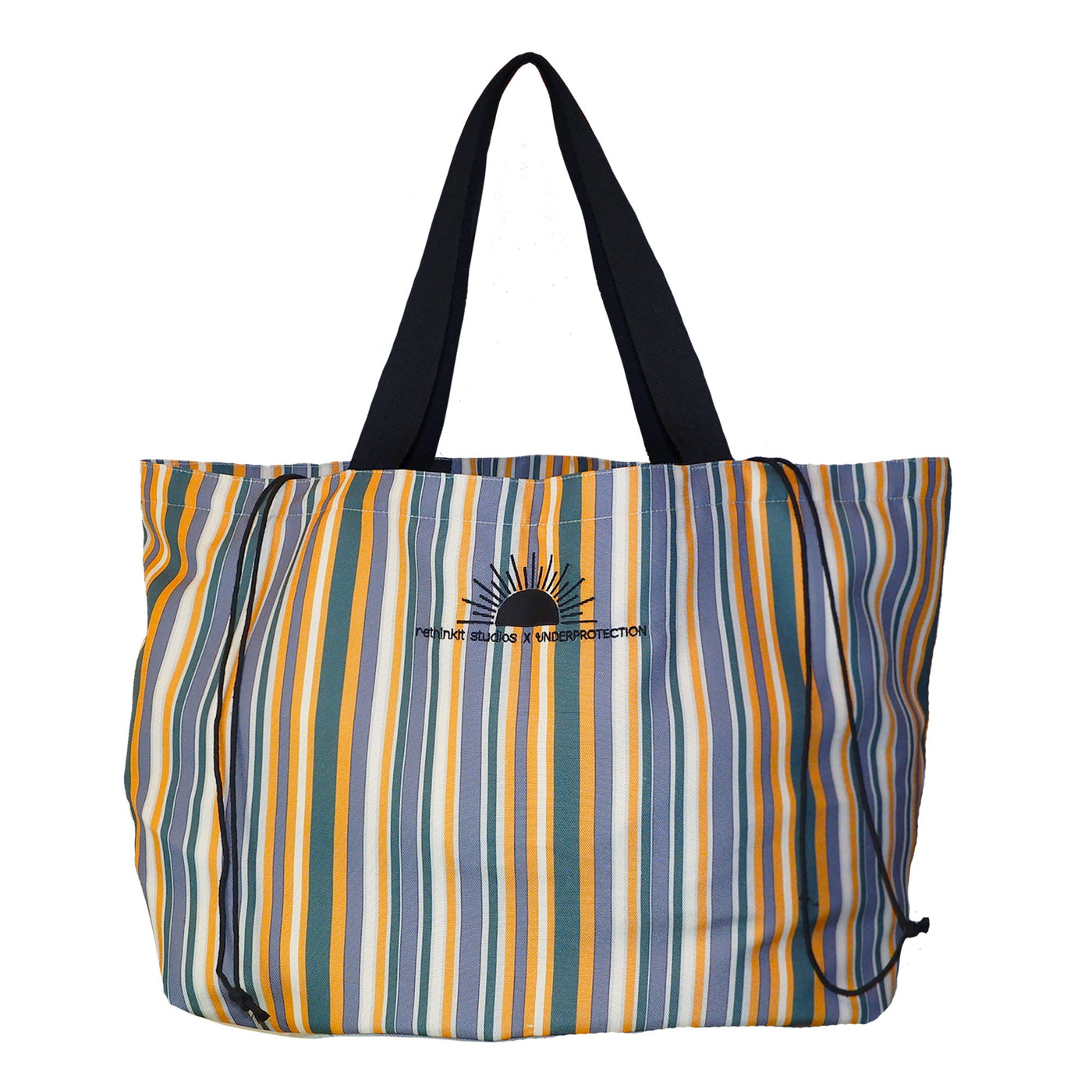 Underprotection Multi colored beach tote bag with string tie and sun logo. Retro inspired tote bag with striped multi colored pattern.